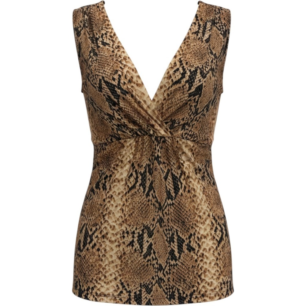 Cache Sleeveless Top Medium Brown Snakeskin Sequin Tie Back V-Neck